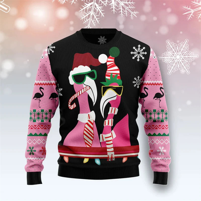 Funny Flamingo Graphic Ugly Christmas Sweater Autumn Holiday Wear 3D Printed Sweatshirt Loose Streetwear Pullovers Mens Clothing