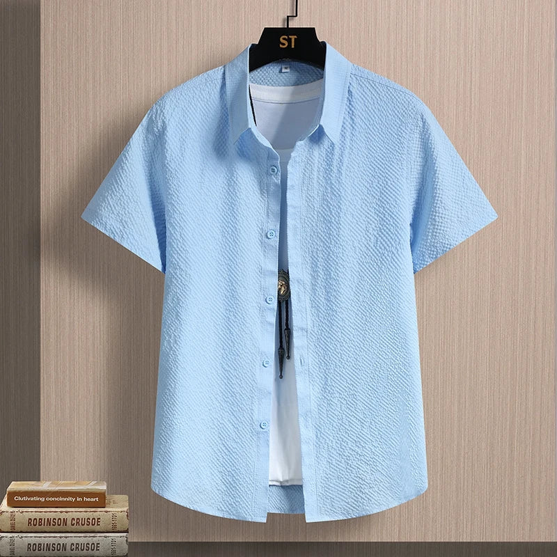 Men's Shirts Seersucker Short Sleeve Male Shirts Summer Casual Business Textured Solid Button Up Office Top