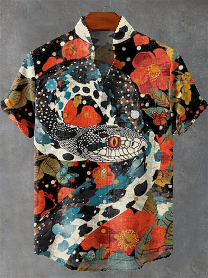 2025 vintage printed shirt men's casual lapel single breasted shirt 3D printed short sleeved shirt