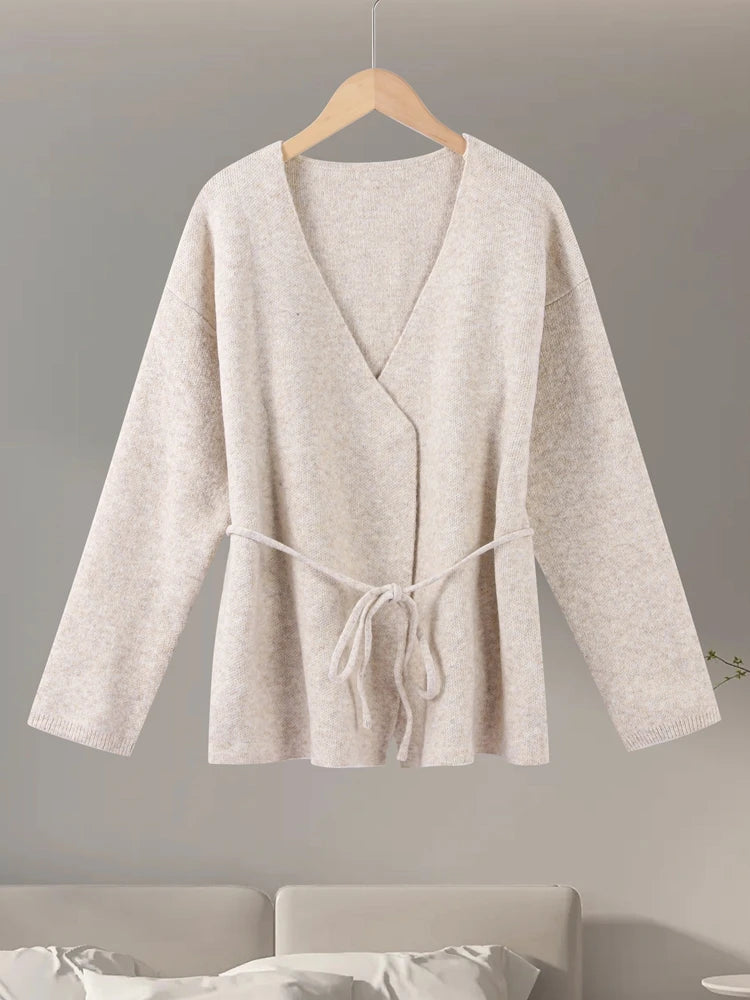 Casual Knit Cardigan Women Loose V Neck Long Sleeves Lace Up Sweater Coats Female 2025 Autumn Winter Solid Soft Chic Knitwears