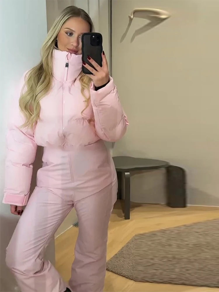 Fashion Women's Jumpsuit Stand Collar Full Sleeve Slim Solid Female Set 2026 Sping Winter Chic Casual Thick Cozy Lady Ski Suit