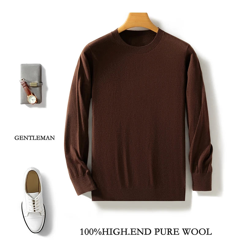 100% Pure Merino Wool Sweater Men's Round Collar Pullover Spring Autumn New Business Knitted Tops Casual Large Size Men's Shirt
