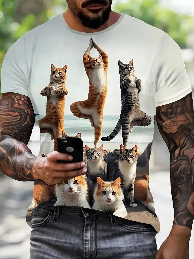 Men's Casual Tops 3D Cool Cat Print T-Shirt O Neck Short Sleeve Pullover Streetwear Sportshirt Outdoor Tee Oversized Clothing