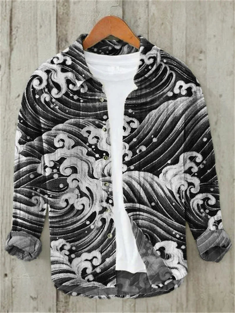 Linen Print Men's Long Sleeve Shirt Traditional Wave Pattern Art Hawaiian Shirt Men's Crane Shirt Design