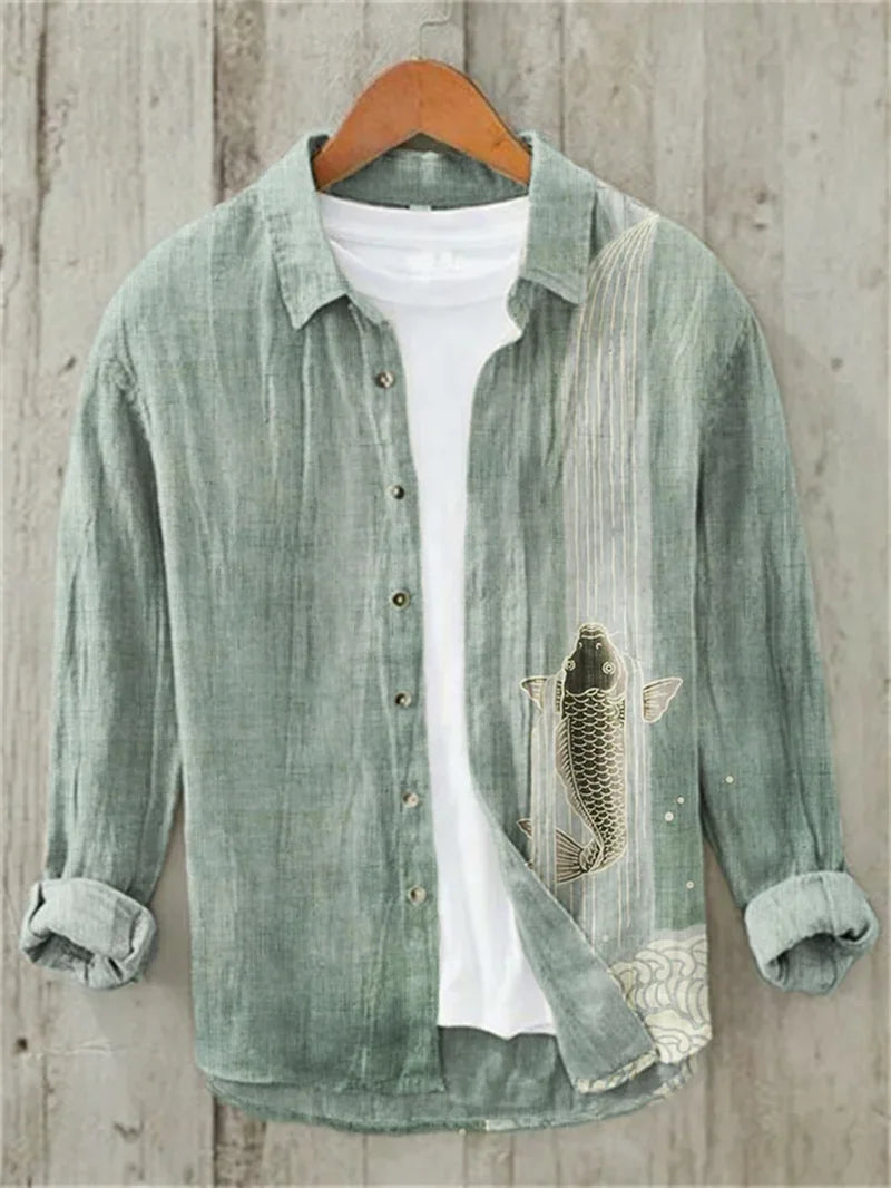Men's Linen Casual Long Sleeve Shirt 3D Mesh Print Short Sleeve Casual Shirt, Vintage Style Tribal Print