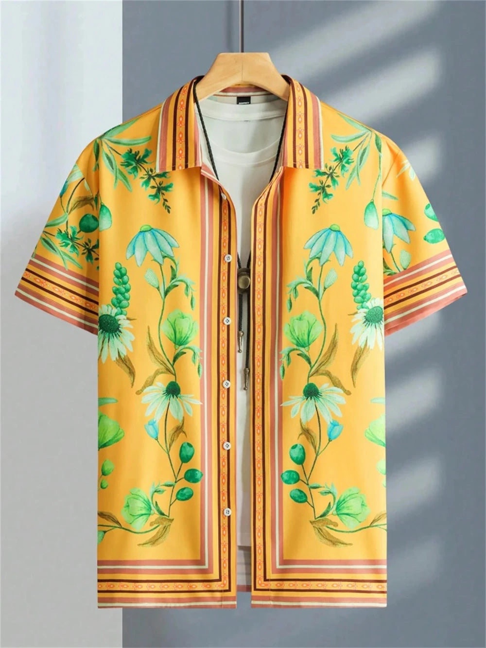 Men's Shirt 3D Flower Print Ethnic Totem Lapel Men's Short Sleeve Tops Men's Shirt Casual Shirt Lapel Button Shirt Oversized