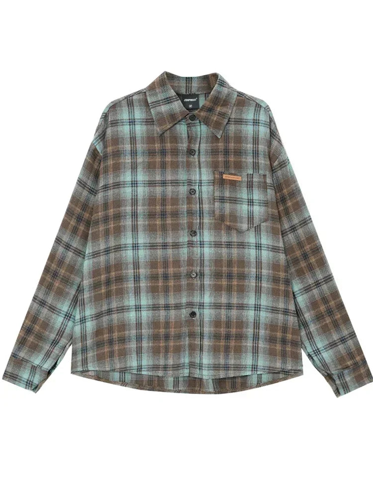 Spring Long Sleeve Plaid Shirt For Men 2025 New Y2K Vintage Streetwear Baggy Lapel Pocket Tee Shirts Korean Fashion Blouse