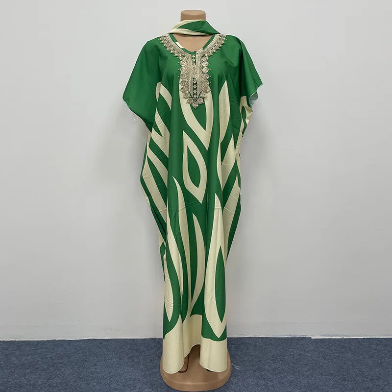Plus Size African Women Clothing Rayon Kaftan Dress Casual Off Shoulder Robe with Rhinestone Fringe Long Sleeve Outfit