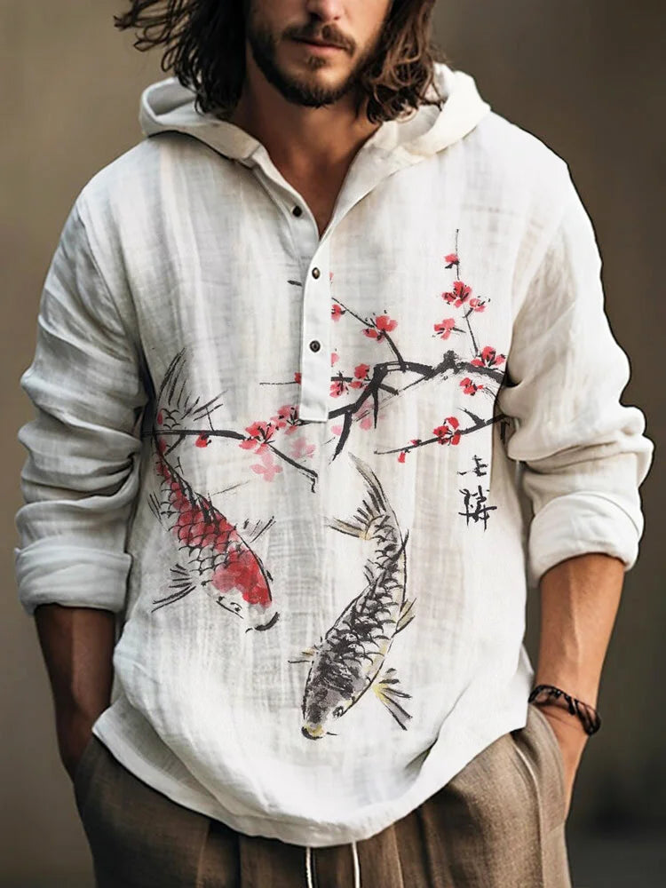 Spring and Autumn Men's Shirt Linen Fashion Casual Bamboo Hawaiian Style Printed Shirt Men's Top Long Sleeve Hooded Pullover