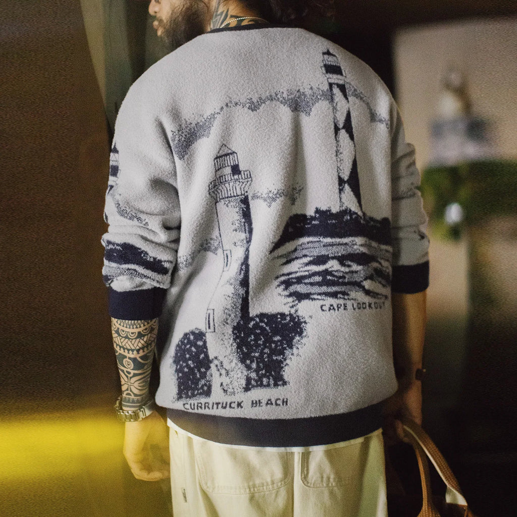 Maden Gray Lighthouse Pattern Crewneck Sweater Heavyweight Warm Soft Knitwear Men's Relaxed Fit Pullover for Autumn Winter