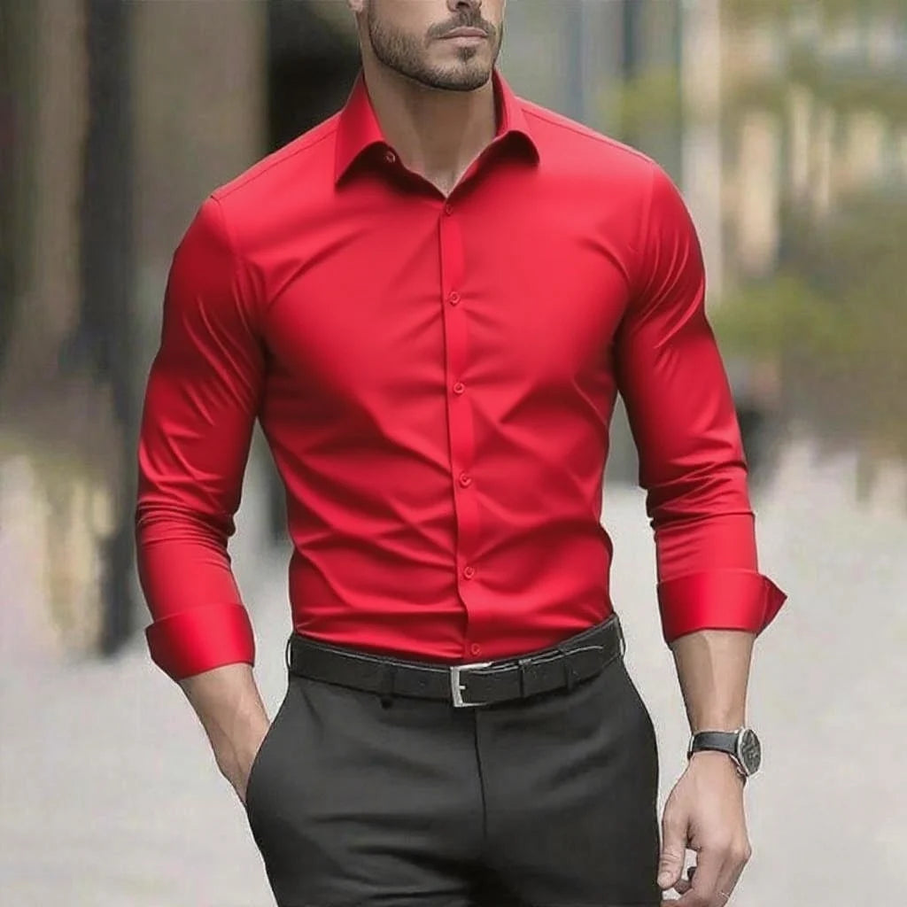 Solid Color Men's Shirt Casual White Shirt, High Quality Solid Color Long Sleeve Stretch Fabric, Business Formal Shirt, XS-6XL