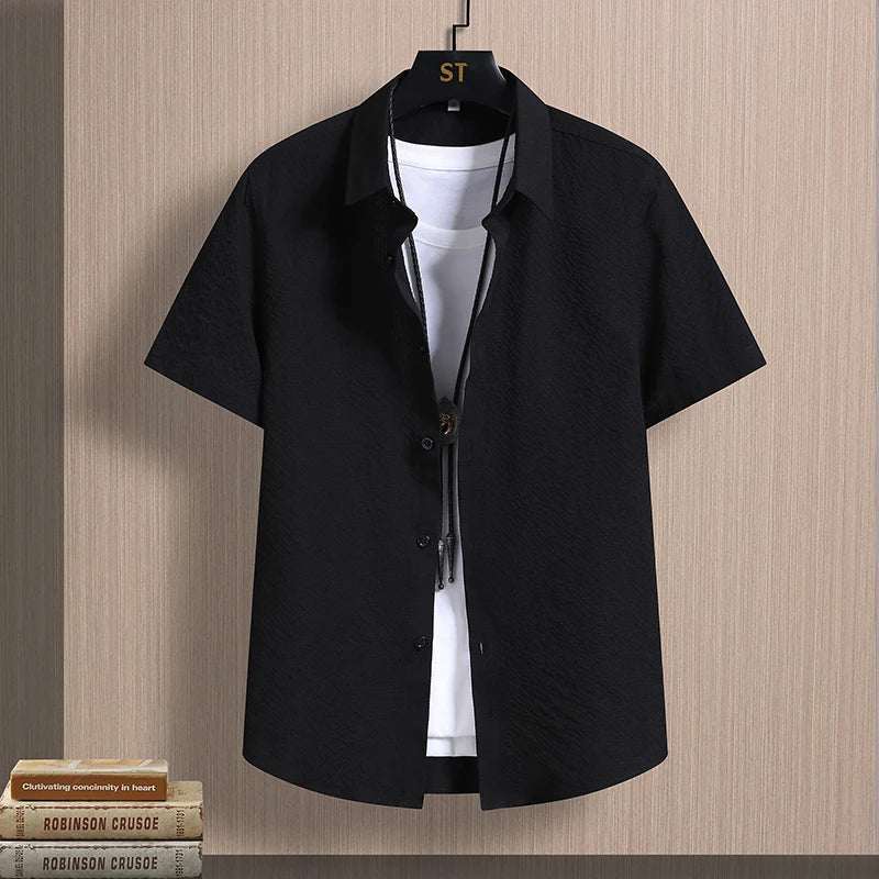 Men's Shirts Seersucker Short Sleeve Male Shirts Summer Casual Business Textured Solid Button Up Office Top