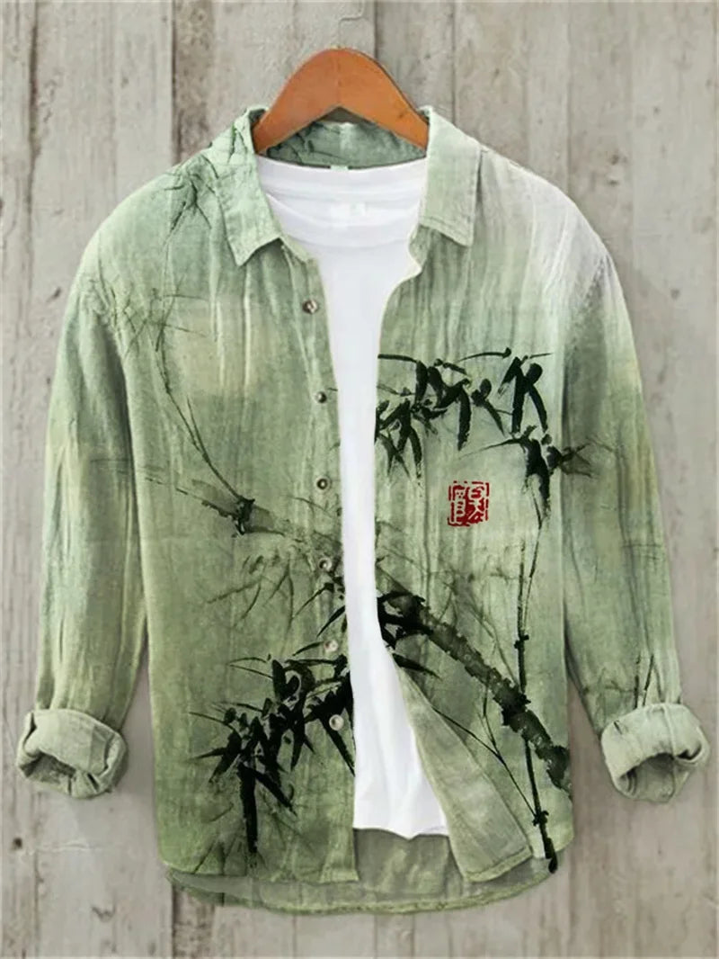 Linen Print Men's Long Sleeve Shirt Traditional Wave Pattern Art Hawaiian Shirt Men's Crane Shirt Design