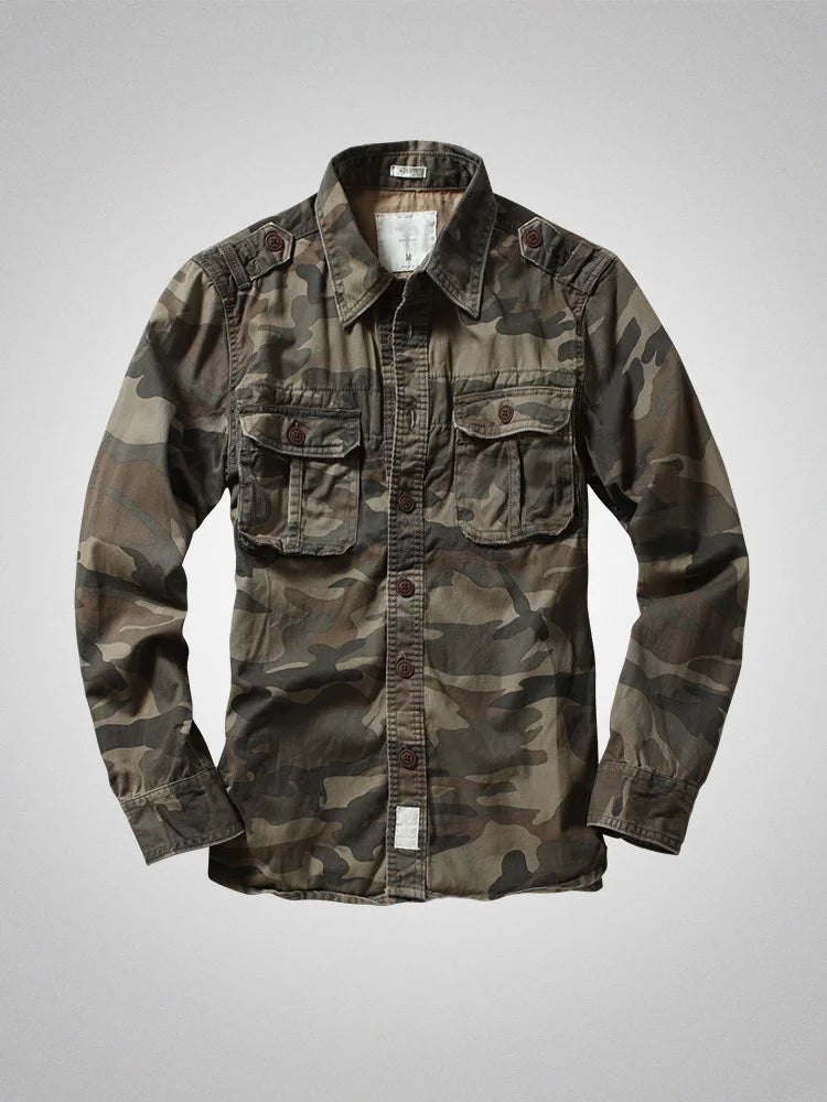 American Heavy Retro Men's Long Sleeved Camouflage Shirt Outdoor Cargo Casual Multi Pocket Work Shirt Coat for Male