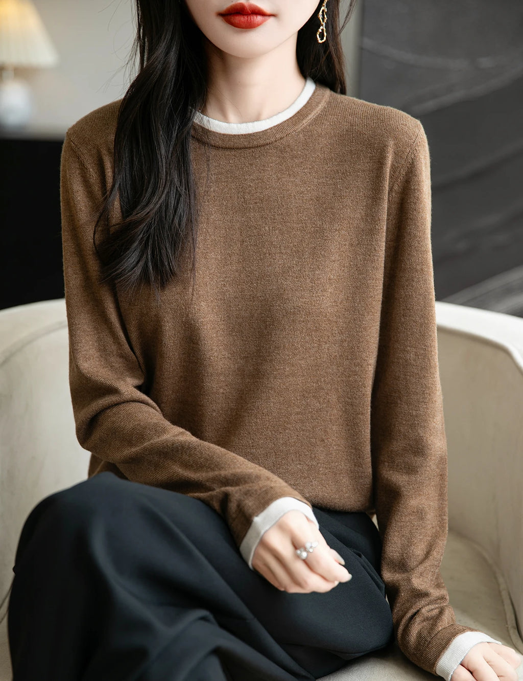Top Women O Neck Thin T-Shirt Knit New Pullover Summer Spring Fashion Basic Long Sleeve Wool Fake Two Pieces Soft Woman Clothing