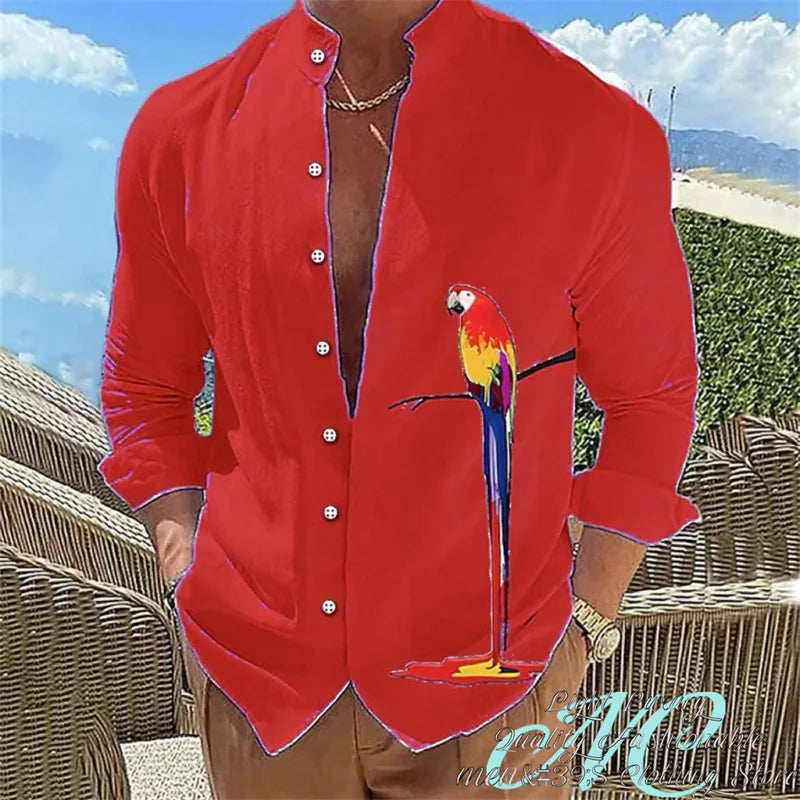 15 Color Men's Shirt Long-Sleeved Shirt 3D Printing Parrot Pattern Standing Collar Clothing Fashion Casual XS-6XL Size