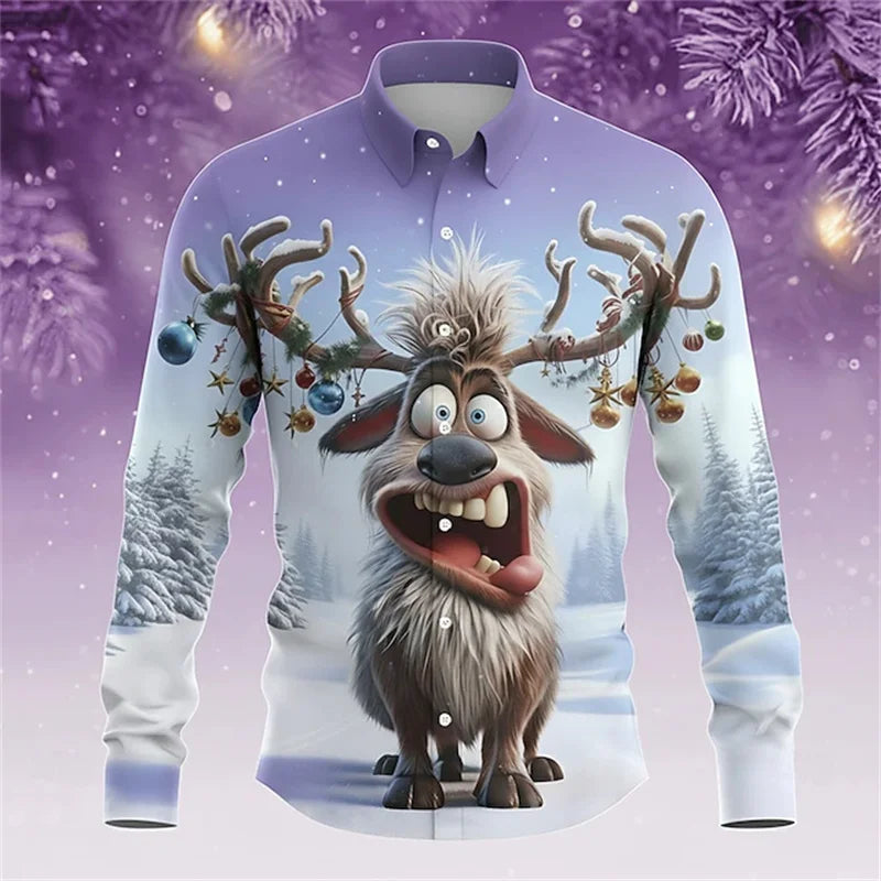 Christmas men's reindeer bell fun Christmas shirt long-sleeved button shirt Christmas gift autumn and winter collar shirt