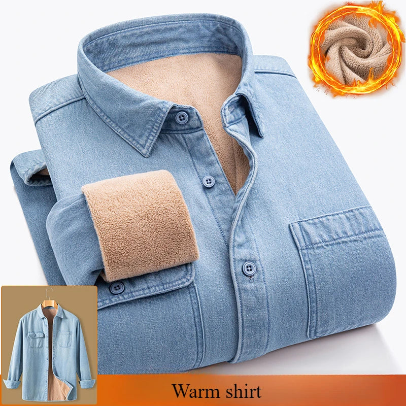 New in shirt Winter Thick Warm cowboy long sleeve shirts for men slim fit casual single pocket tops linen cotton elegant clothes