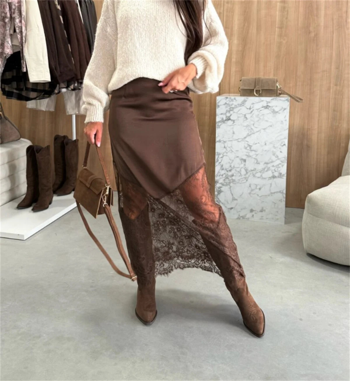 Sexy Lace Patchwork Slim Skirts Women 2025 New In Autumn Spring Solid Hollow Skirt Lady Party Club Evening Clothing Street Chic