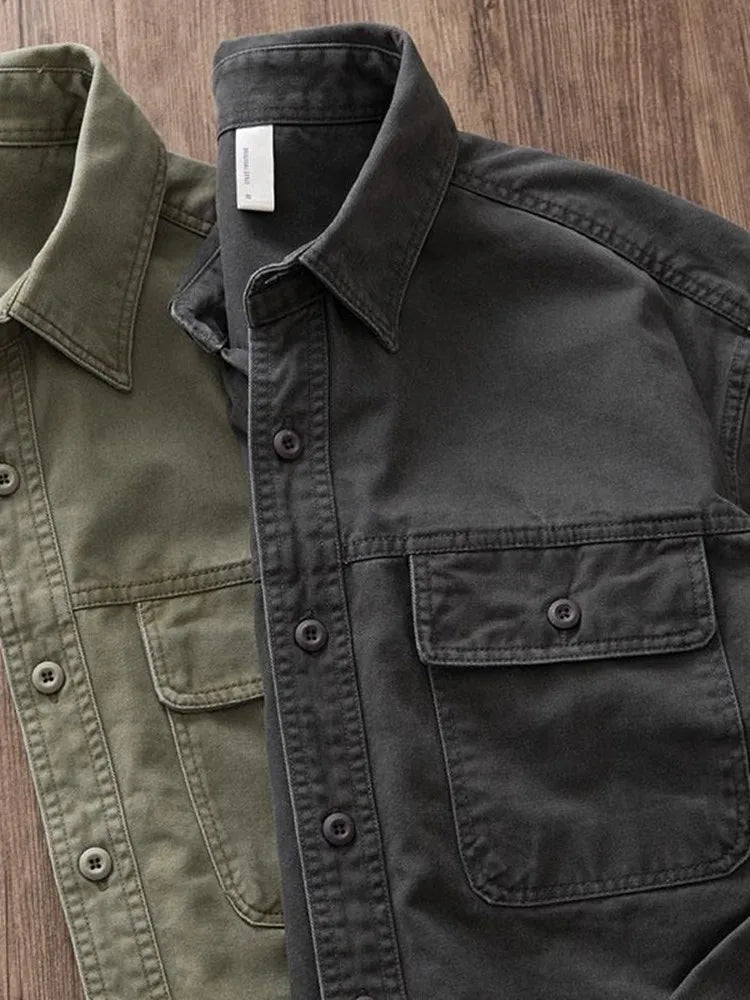 Autumn and Spring New Fashion Solid Color American Vintage Workwear Shirt Men's Casual Loose Sports Plus Size Long Sleeve Shirt