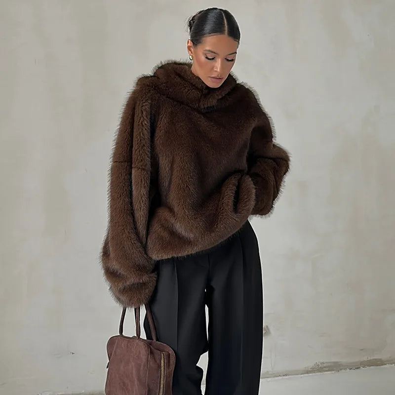 Vintage Faux Fur Thicken Coats Women Chic Full Sleeve V-neck Lace Up Open Stitch Female Outwear 2026 Spring Autumn Lady Outwear