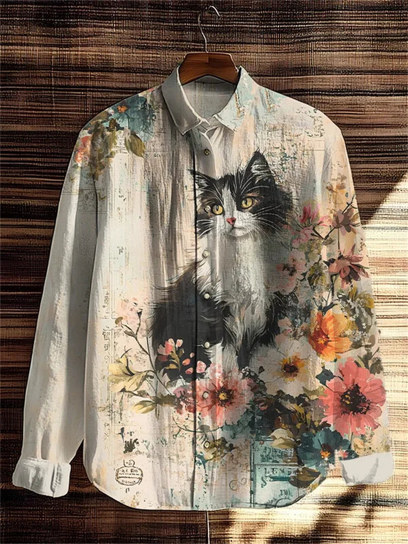 New Men's Long Sleeve Shirt 3D Across Flower Print Long Sleeve Casual Shirt Linen Fashion Lapel Button Shirt Top