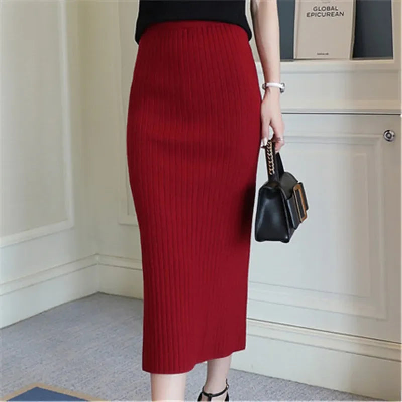 Hight Quality Autumn Winter Woolen Skirts Slim Belt Office Long Midi Skirt Step Pencil Skirt Knitted wool skirt PZ1193