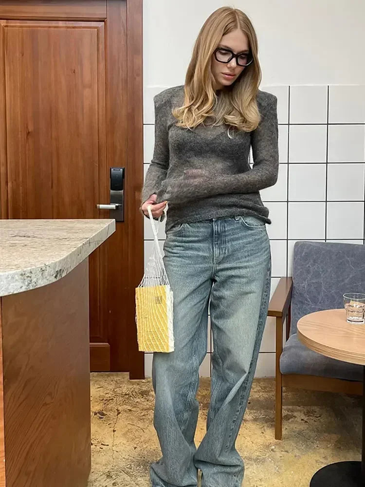 Solid Round Neck Thin Knitted Sweater Women Elegant Long Sleeve Bodycon See Through Pullover 2025 New Autumn Lady Street Outwear