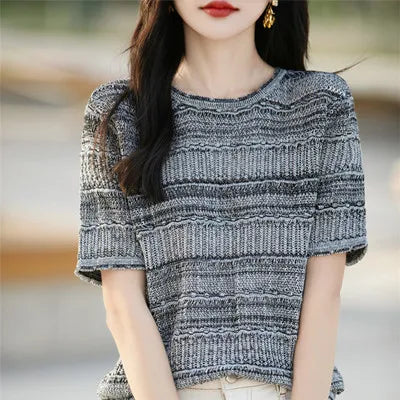 Women's T-Shirt Summer 100% Cotton Sweater Short Sleeve Striped Knitted Round Neck Ladies Tops Loose Blouse Pullover Tees