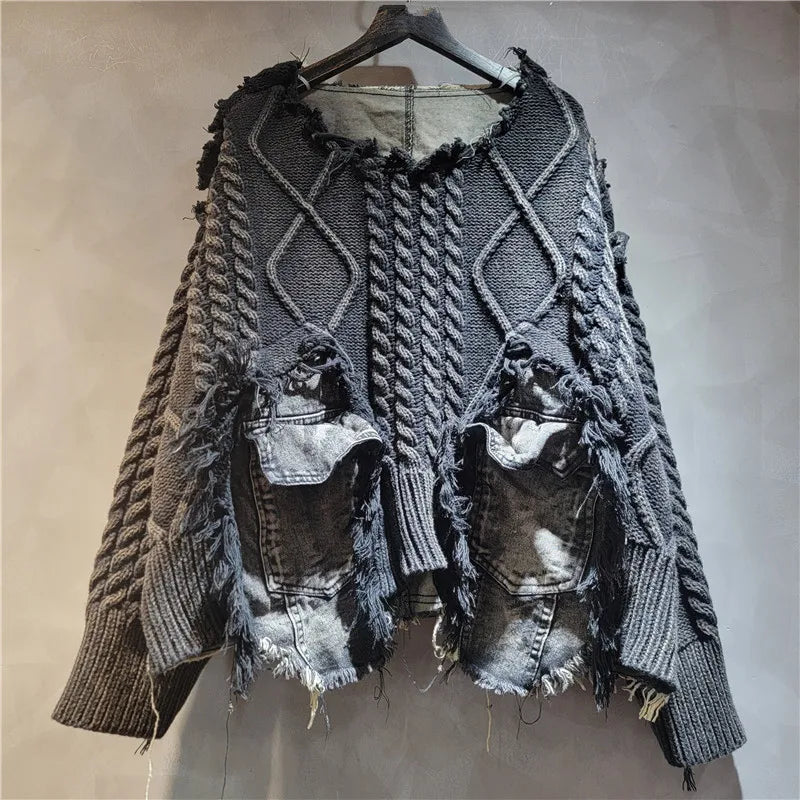2025 Autumn New Denim Patchwork Knitted Pullover Sweater for Women, Loose Slimming Washed Vintage Top Trendy