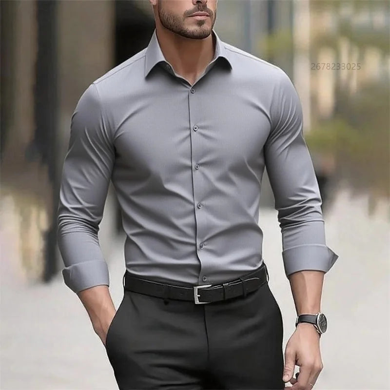Solid Color Men's Shirt Casual White Shirt, High Quality Solid Color Long Sleeve Stretch Fabric, Business Formal Shirt, XS-6XL
