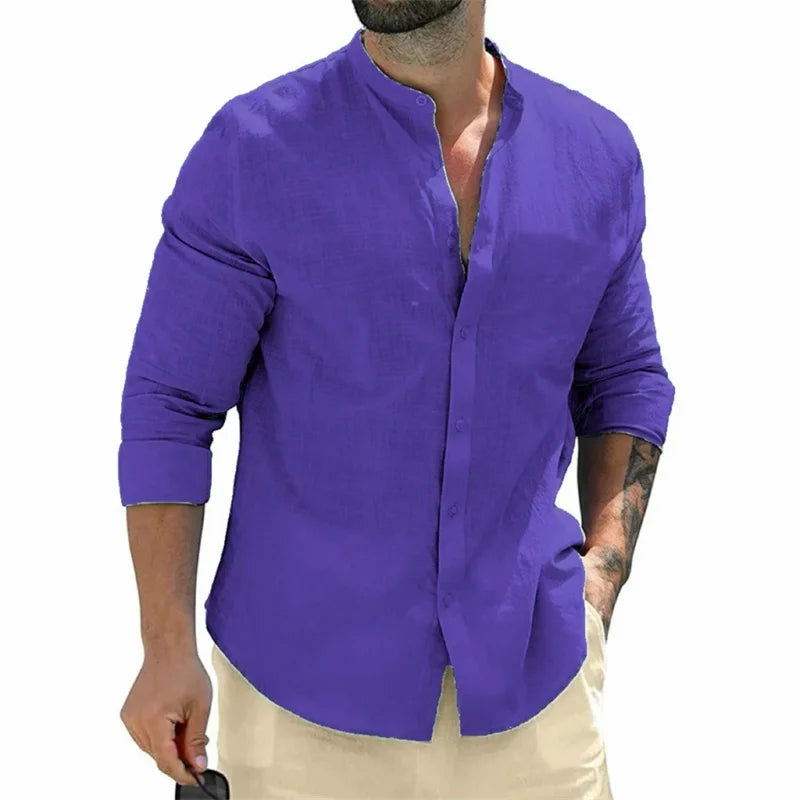 Men's shirt, long-sleeved shirt, solid color, round neck, single-breasted shirt, outdoor casual business office clothing, large