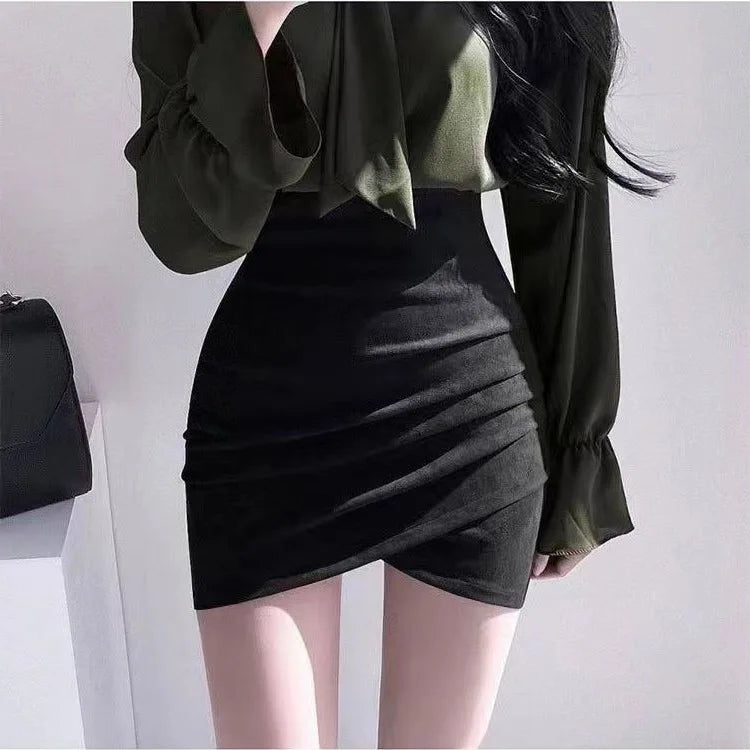 Grey Suede Mini Skirt Women's Autumn Winter New Style Irregular Fit High Waist Elastic Short Skirt One Step Wrap around Skirt