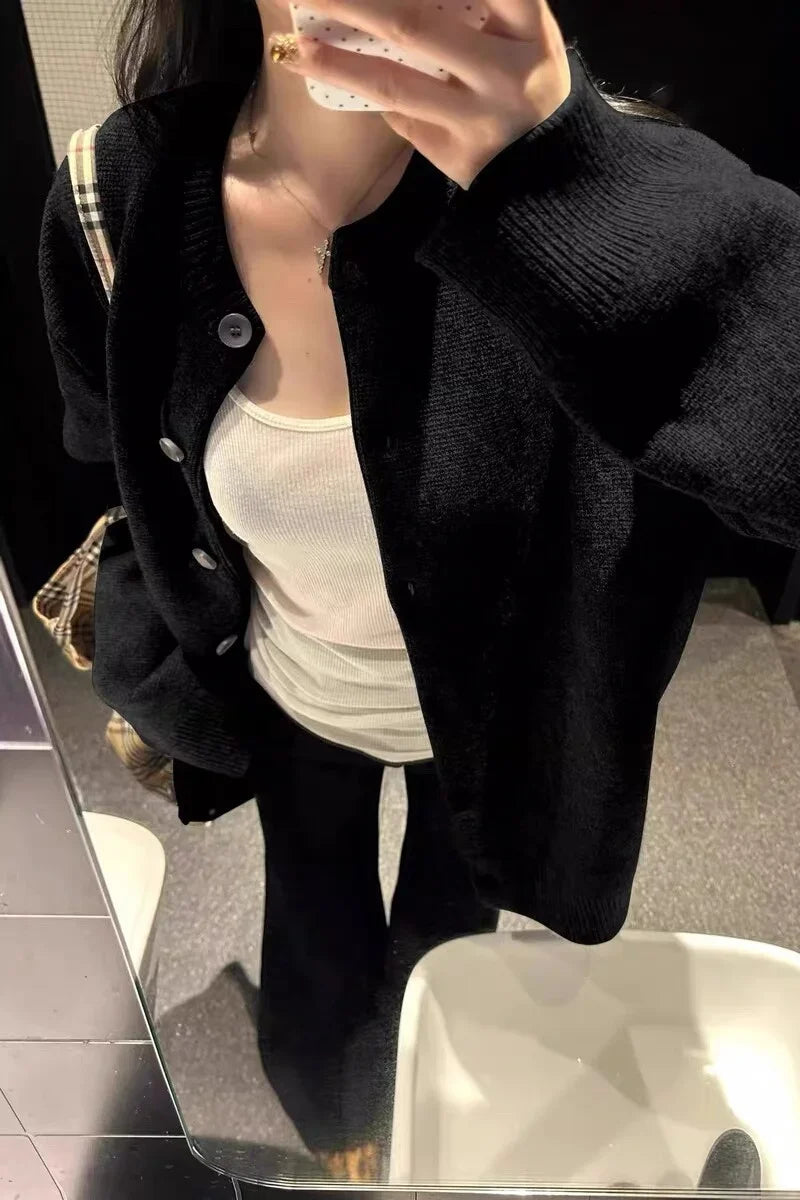 Round-neck 100 pure cashmere knitted cardigan women autumn and winter with a thick black sweater  a wool base coat