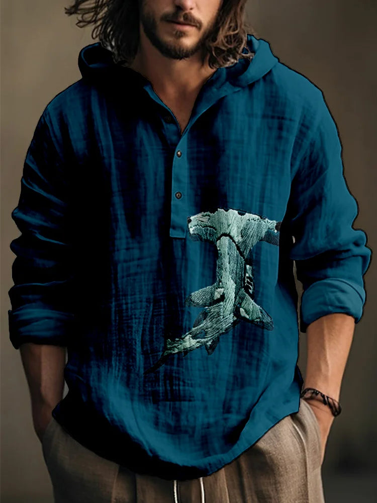 Spring and Autumn Men's Shirt Linen Fashion Casual Bamboo Hawaiian Style Printed Shirt Men's Top Long Sleeve Hooded Pullover