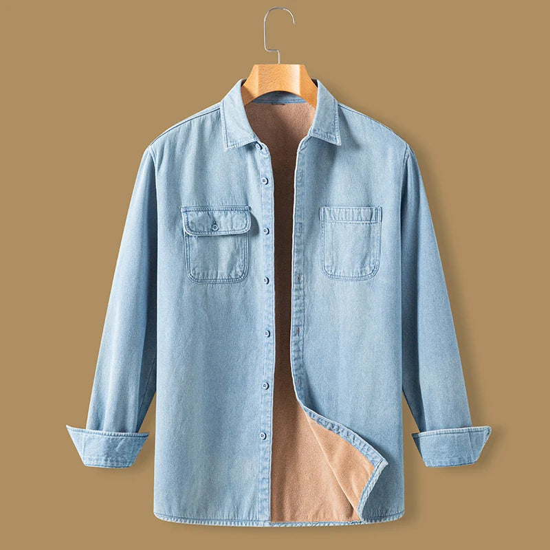 New in shirt Winter Thick Warm cowboy long sleeve shirts for men slim fit casual single pocket tops linen cotton elegant clothes