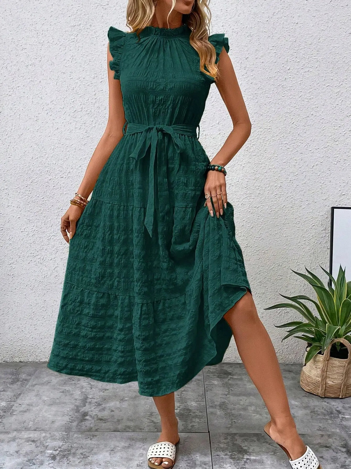 Elegant Women's Summer New Fashion Wooden Ear Edge Flying Sleeve Lace Up Texture Dress Purple  Sleeveless Lace Up Long Dresses