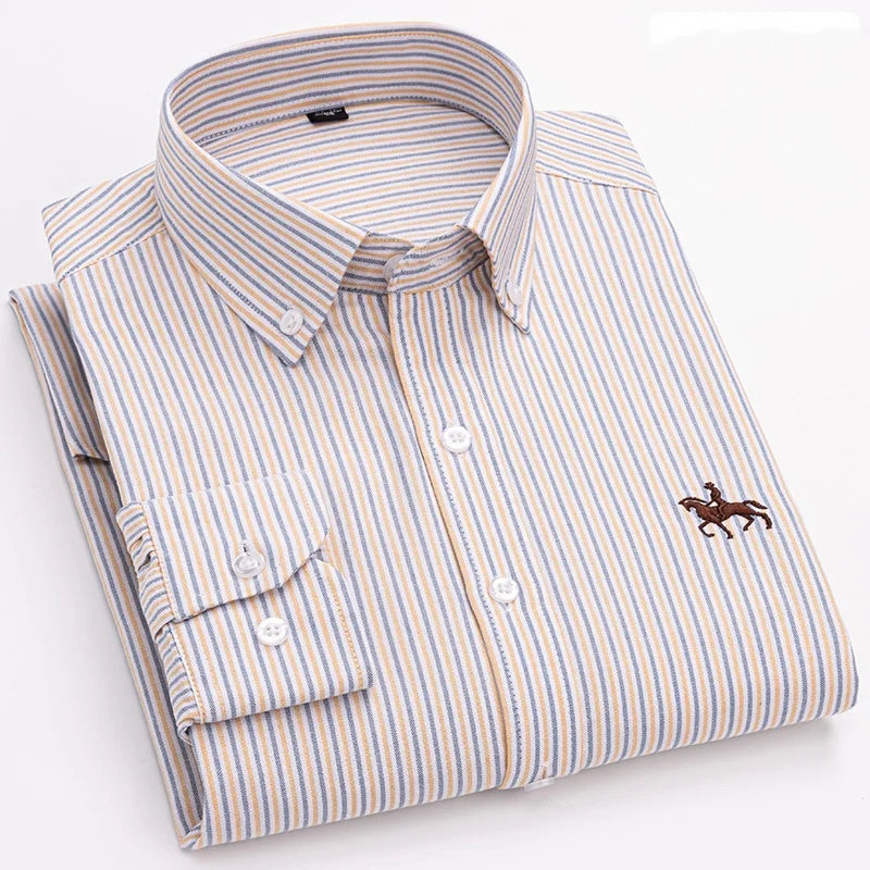 2024 new autumn men's long-sleeved plaid striped100% cotton Oxford spinning chest embroidery regular fit button work shirt S~6XL