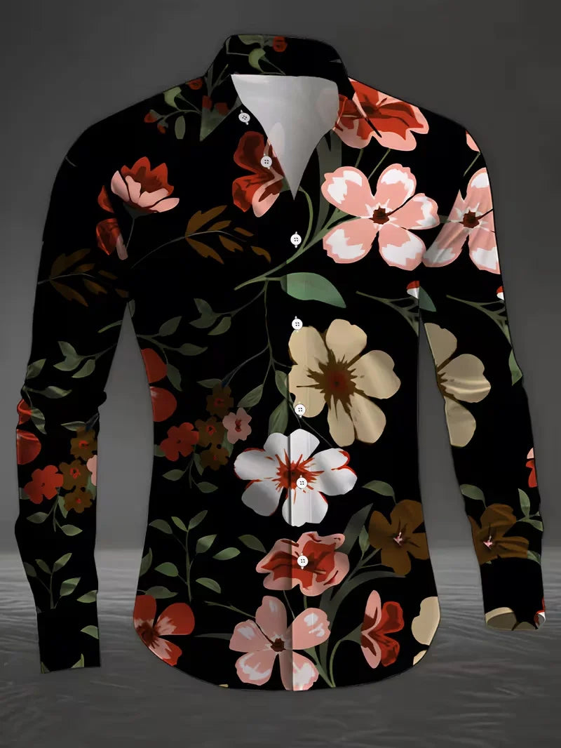 New retro square casual shirt men's abstract printed shirt long sleeved fashionable street shirt design clothing
