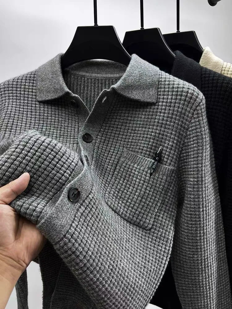 High-end Waffle Knitted Cardigan 2023 Autumn/Winter New Fashion Men's Polo Collar Korean Knitted Sweater Casual Solid Coat