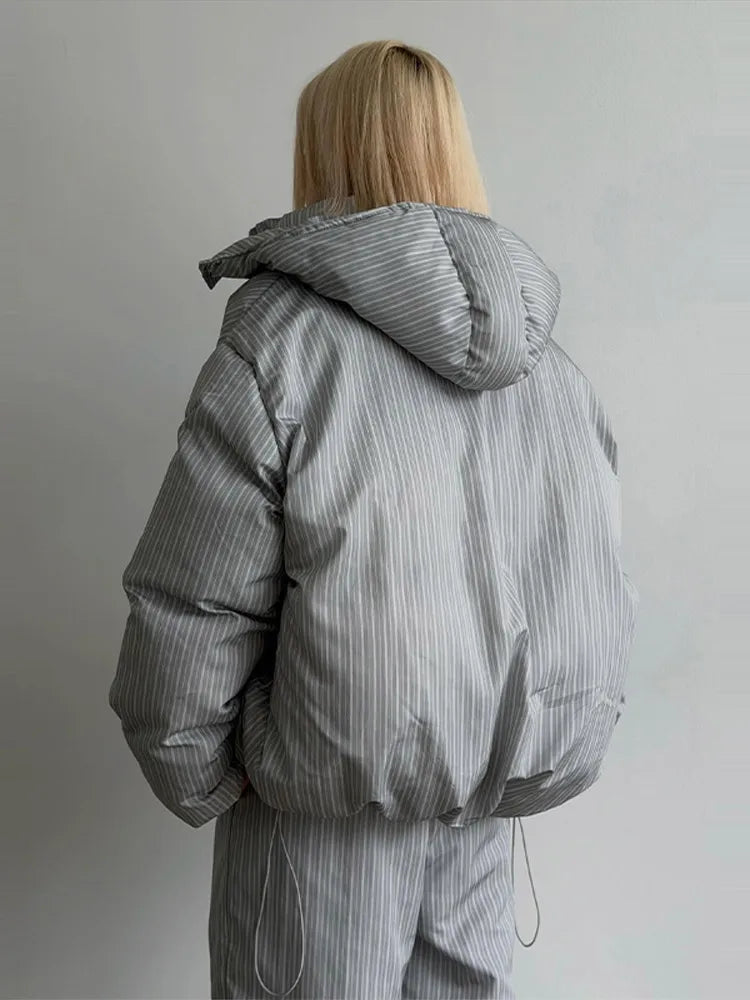 Casual Striped Women's Cotton Coat Trouser Suits Hooded Zippers Thicken Lady Set 2026 Autumn Winter Chic Female Outfits