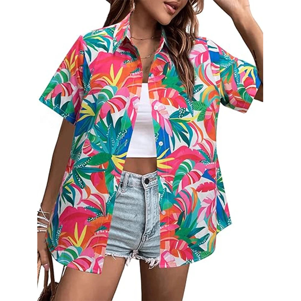 New Women's Short Sleeve T-shirt Fashion 3D Floral Print Hawaiian Style Casual Basic T-shirt Summer Lapel Short Sleeve Shirt