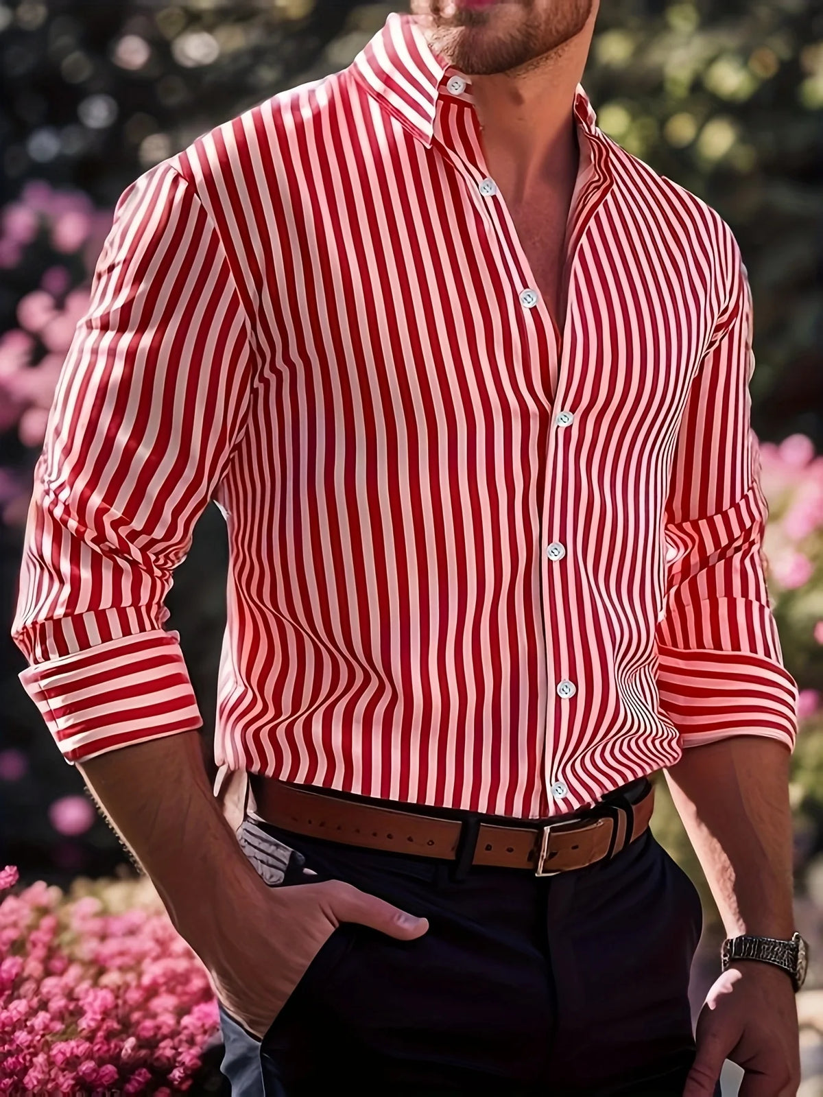 Men'S Casual Regular Fit Striped Long Sleeve Solid Color Polyester Button Lapel Shirt, 6 Colors,Woven,Non-Stretch Fabric