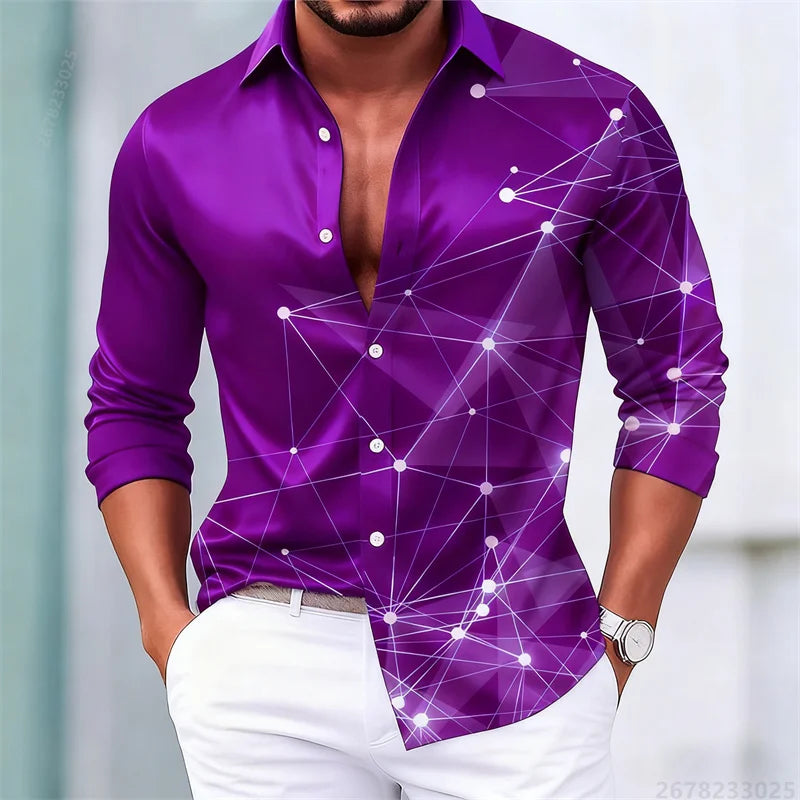 Men's trendy geometric line print long-sleeved shirt. Fashionable slim black technology-style shirt. Popular men's shirt.