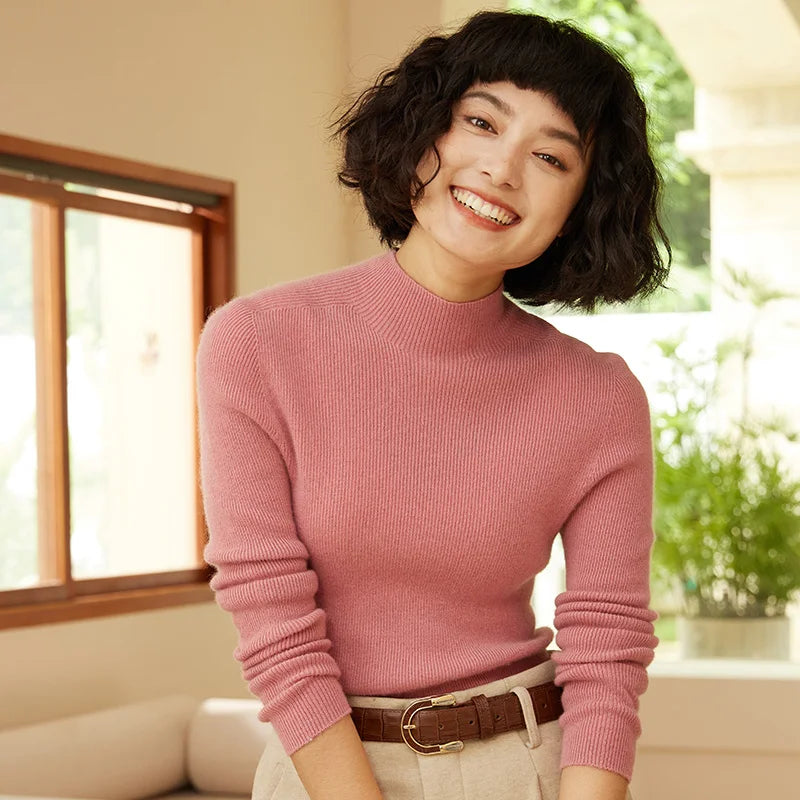 Autumn and Winter New Women's 100% Pure Cashmere Semi High Neck Pullover Sweater Knitted Slim Fit Hot Selling Women's Top