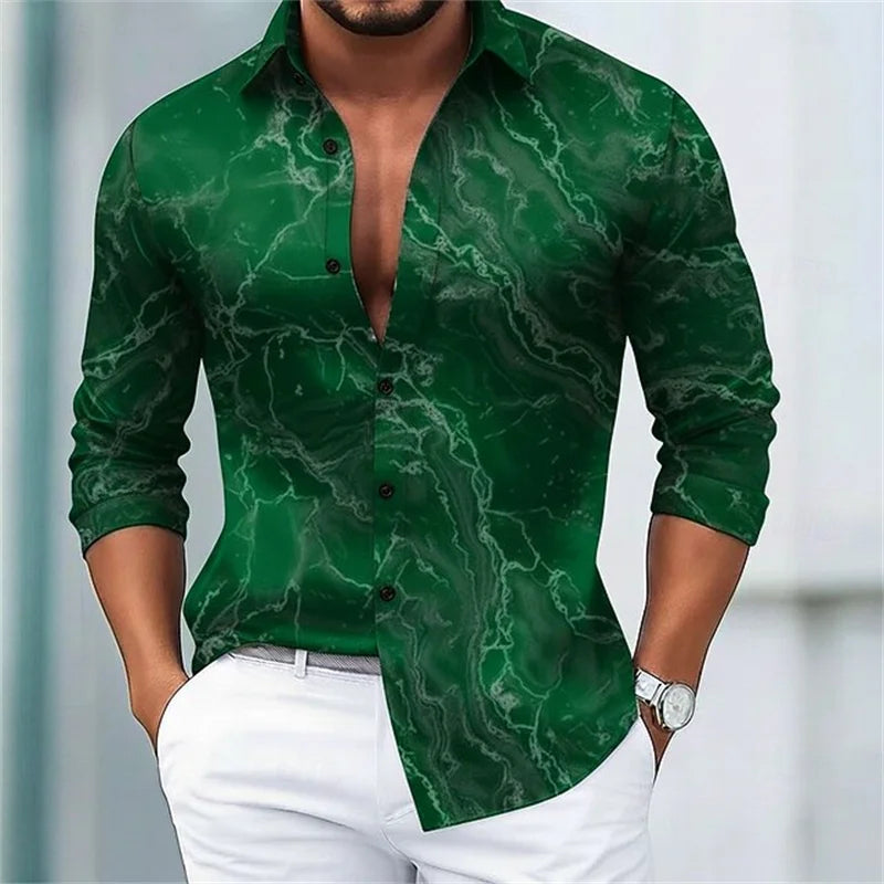 Men's blue and gold marble print long-sleeved shirt. Fashionable casual design, slim fit for banquets and business suits. XS-6XL