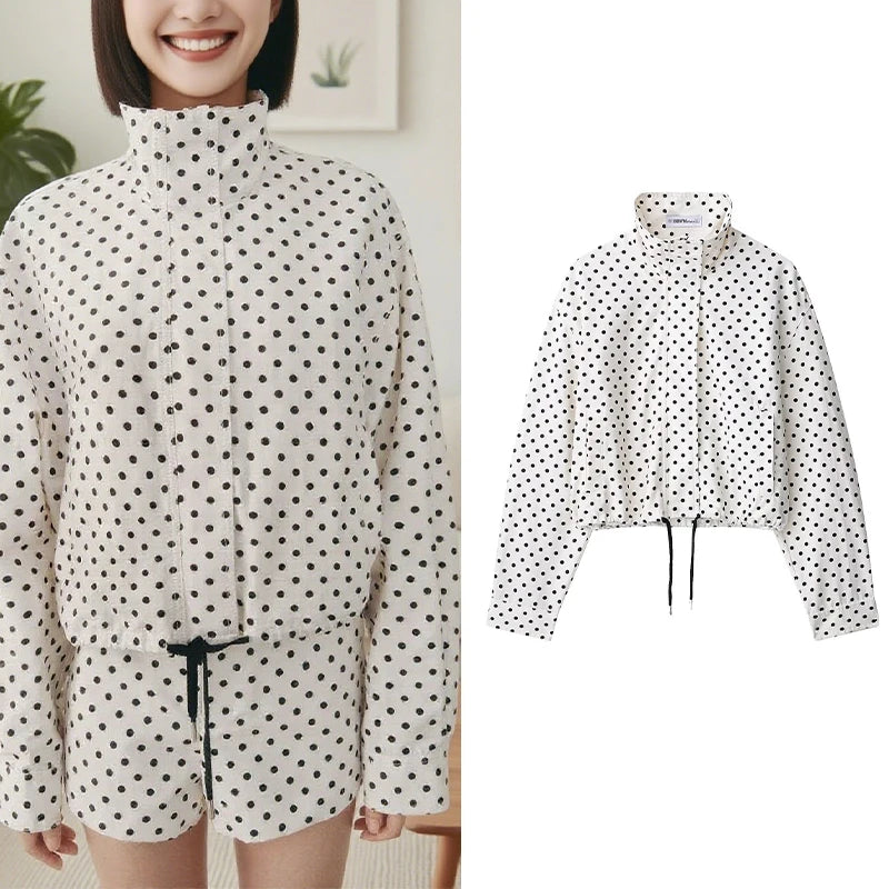 New Summer 2026 Womens Fashion Turtleneck Drawstring Hem Polka Dot Seersucker Jacket Casual Spring Autumn Outfit Trafizaran