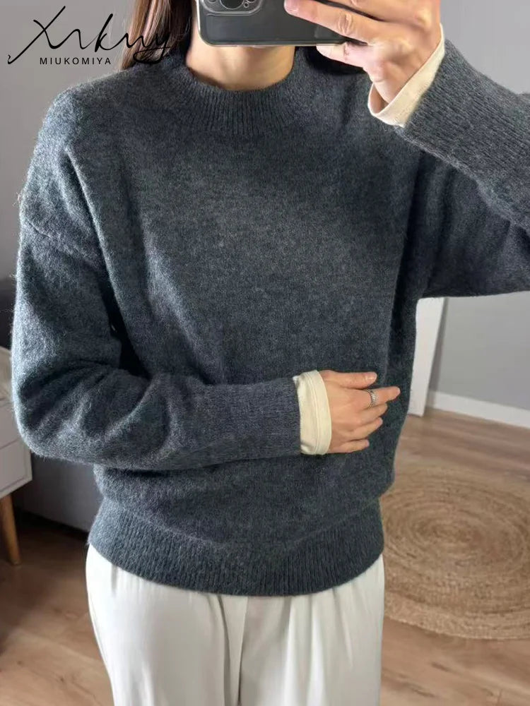 MiuKoMiYa Winter Sweater Women Yellow Warm O Neck Knitted Pullovers Loose Outwear Autumn Jumpers Women Vintage Sweaters Pink