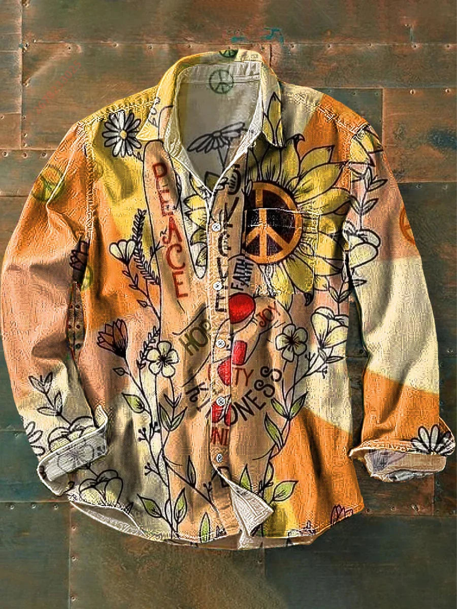 2026 New Retro Graffiti Sunflower Print Long-Sleeve Shirt, European and American Style Casual Fashion Top, Sizes XS-6XL