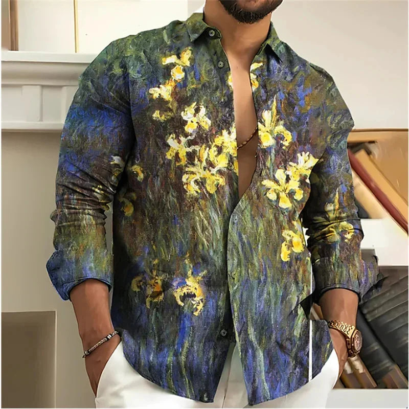Men's Shirt 3D Floral Print Lapel Long Sleeve Men's Tops Vintage 2025 Street Trend Outdoor Fashion Dress Designer XS-6XL